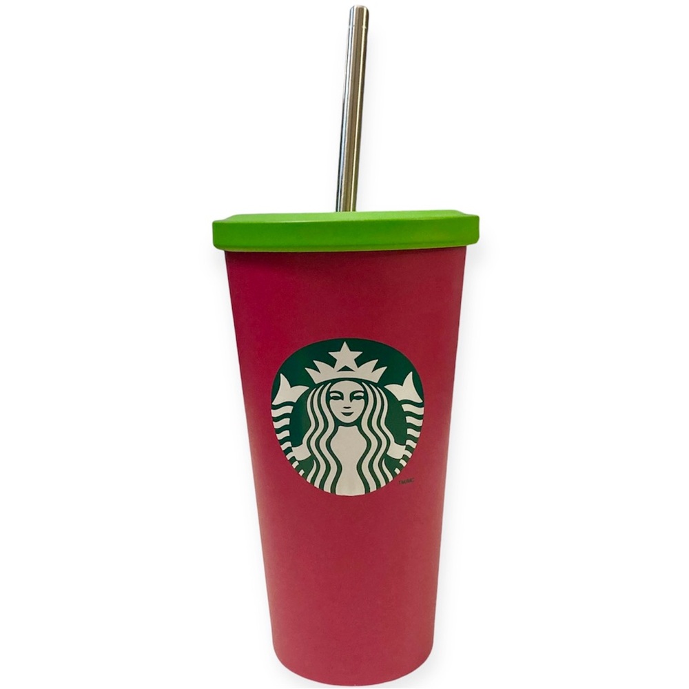 Starbucks Watermelon Pink Green Stainless Steel Tumbler Cup 2014 Grande 16oz NEW
